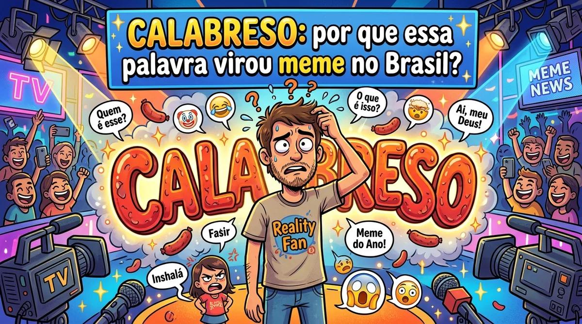 Ilustração de uma pessoa confusa diante da palavra calabreso acompanhada de elementos que remetem a um reality show e à cultura de memes brasileiros
