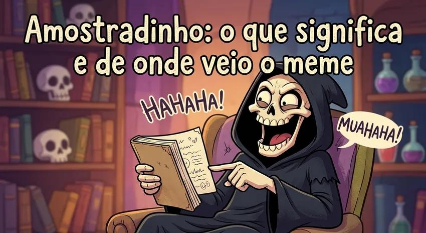 Ilustração divertida de uma figura com túnica preta e máscara assustadora segurando um caderno e rindo.