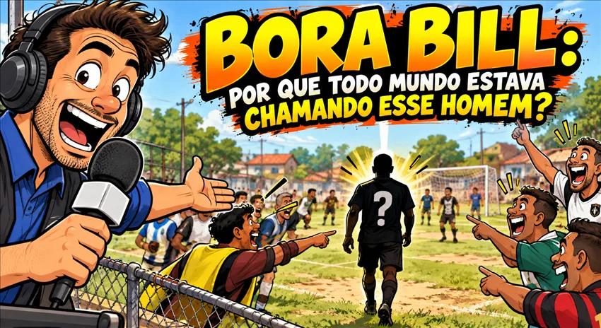Ilustração de um narrador com microfone à beira de um campo de futebol amador.