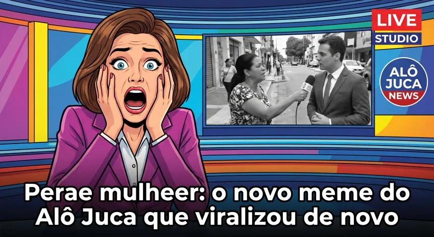 Ilustração genérica de estúdio de telejornal com apresentador em choque e tela ao fundo mostrando reportagem de rua em preto e branco.