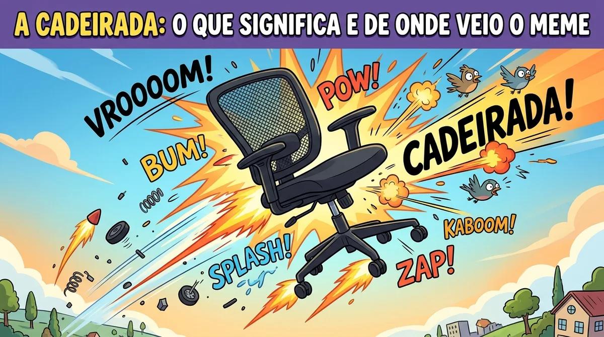 Ilustração satírica de uma cadeira de estúdio flutuando em alta velocidade com efeitos de impacto cômicos ao redor.