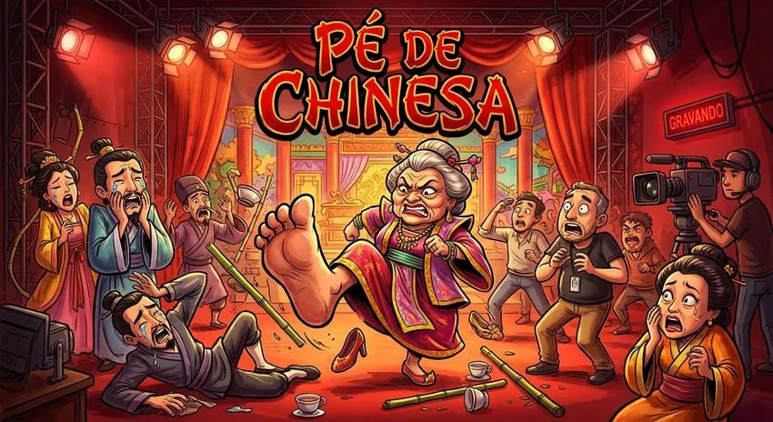 Cartaz satírico em estilo pôster de novela com estética oriental, tons avermelhados e iluminação dramática de estúdio de televisão.