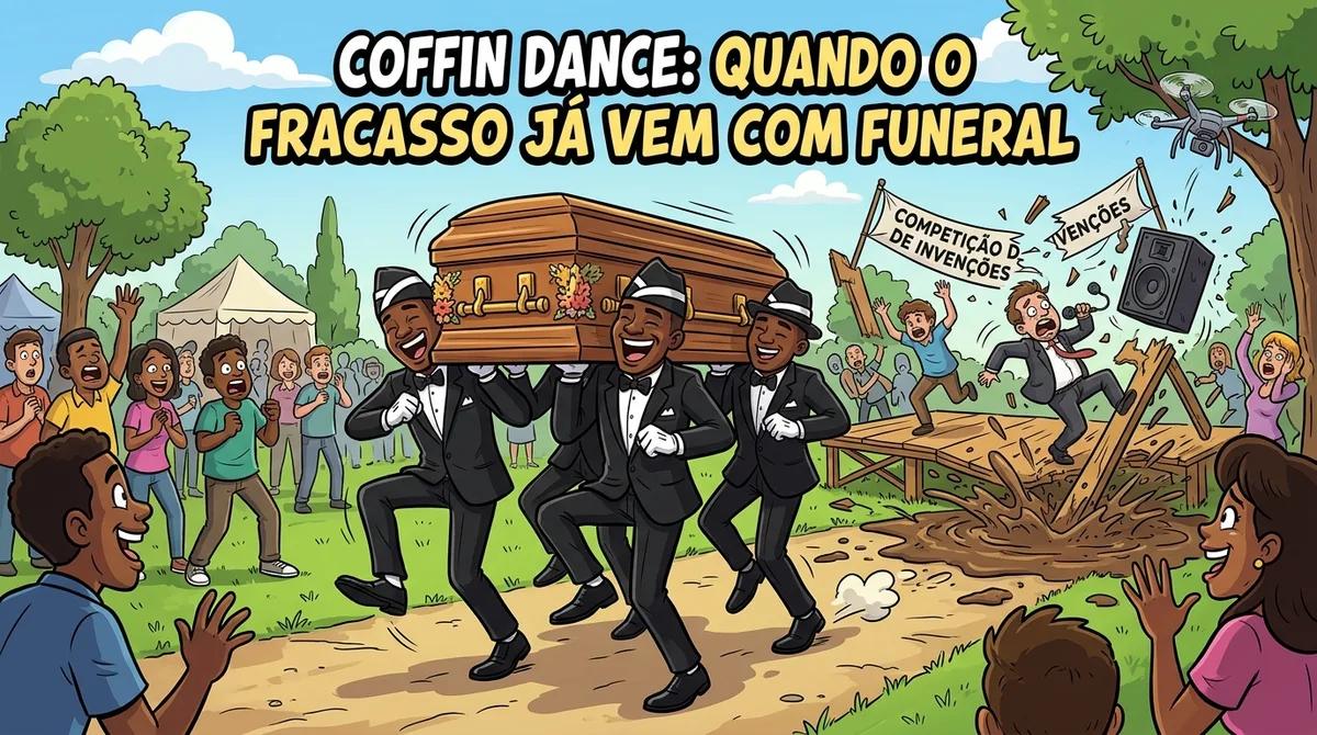 Grupo de carregadores de caixão dançando em formação enquanto uma cena de fracasso acontece ao fundo