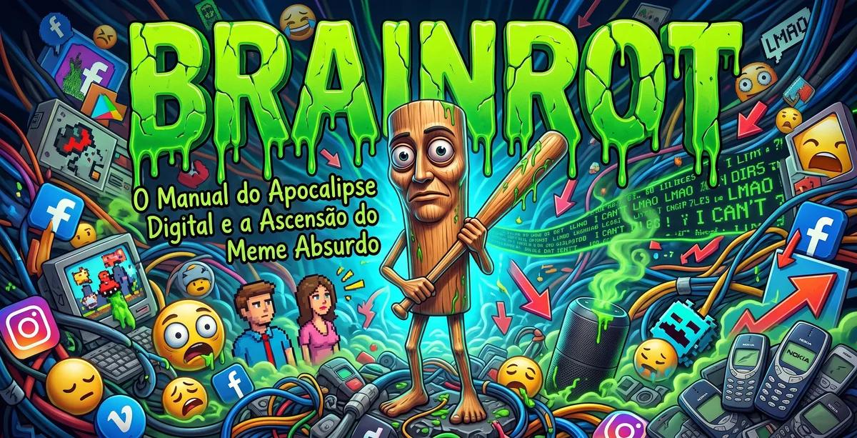 Ao centro, um boneco de madeira bizarro e esguio, com olhos arregalados e segurando um taco de beisebol, além do subtítulo: "O Manual do Apocalipse Digital e a Ascensão do Meme Absurdo".