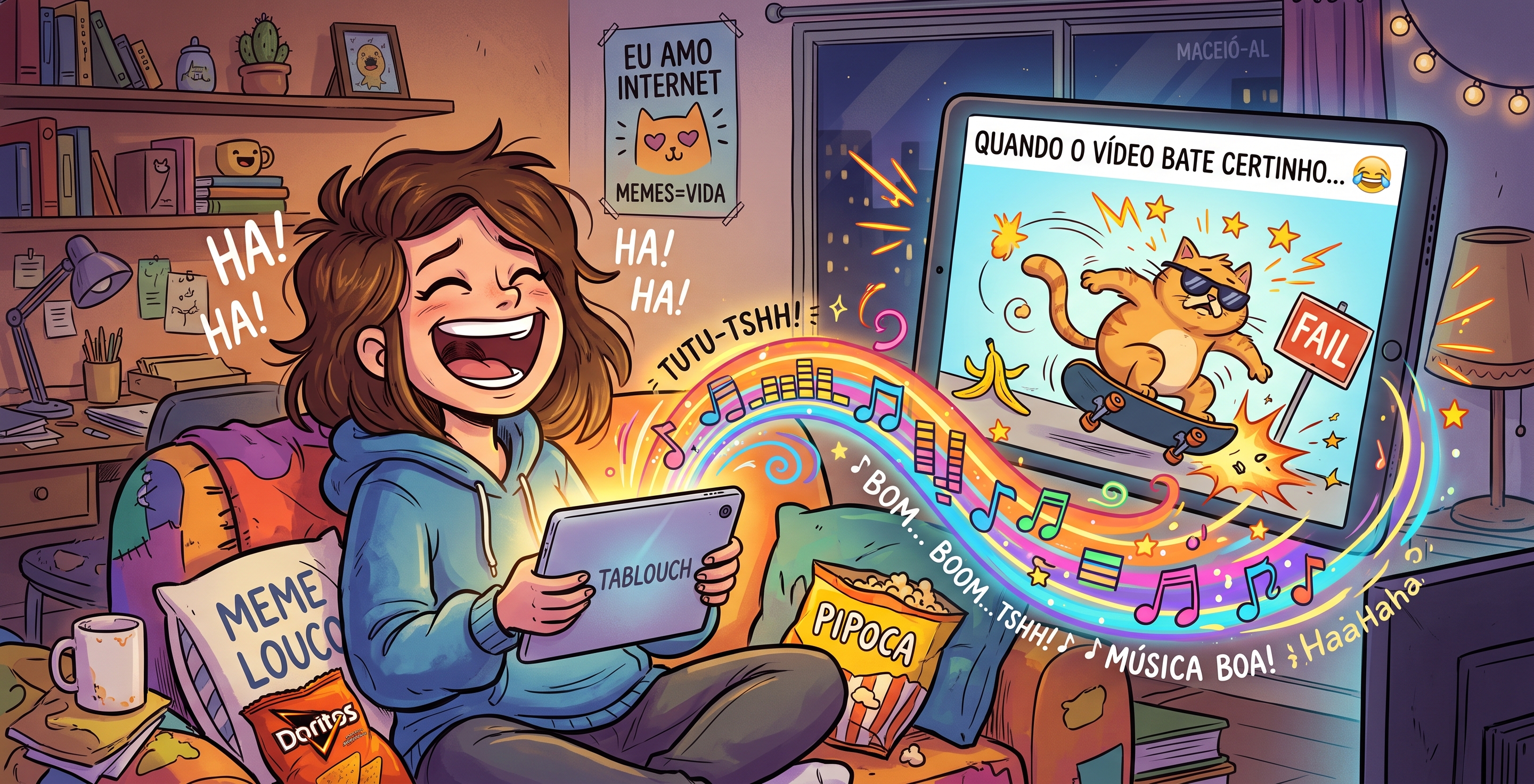 Pessoa assistindo a um meme enquanto uma onda visual de música conecta o áudio à cena engraçada.
