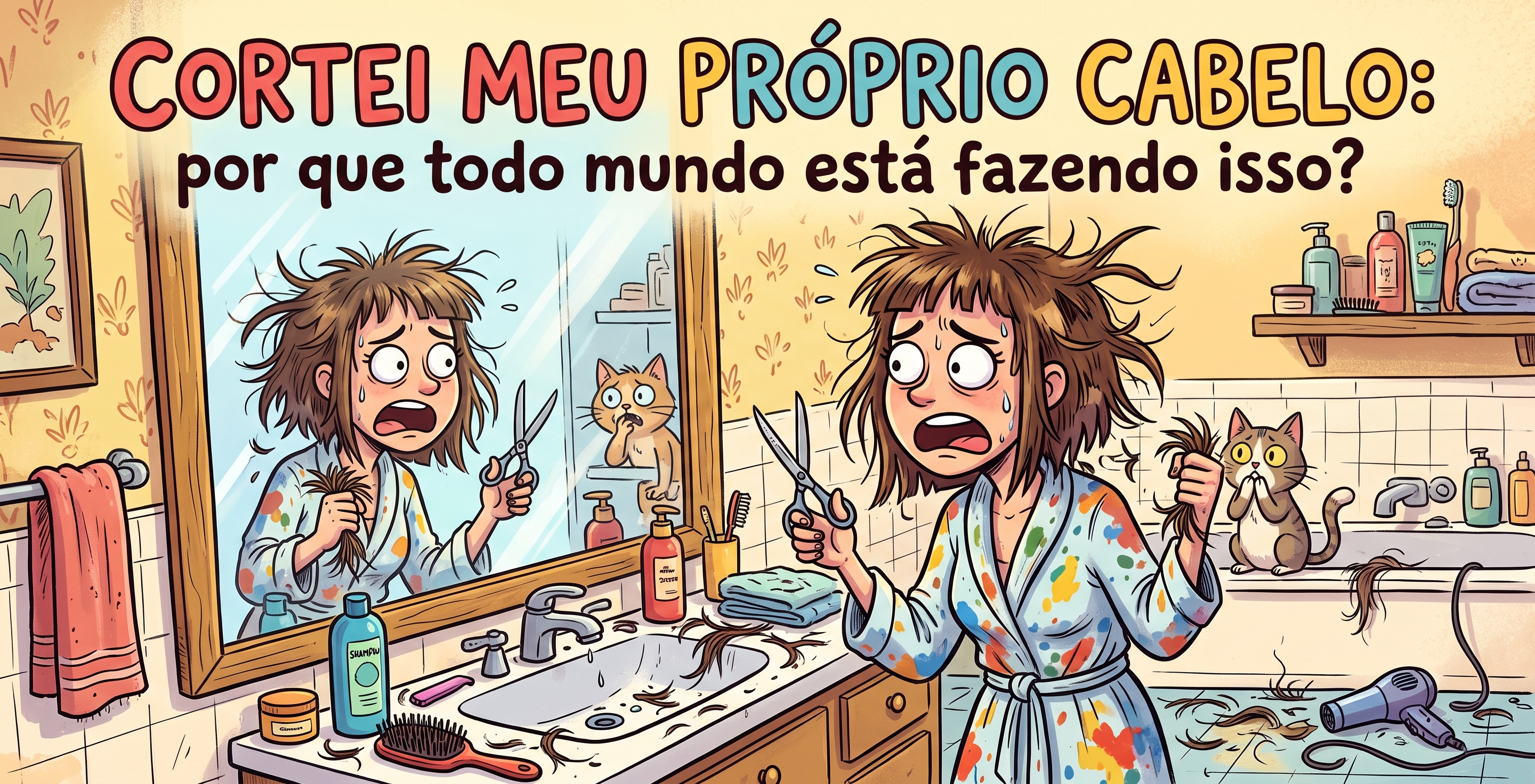 Pessoa diante de um espelho segurando uma tesoura enquanto corta o próprio cabelo, em uma cena exagerada e claramente humorística.