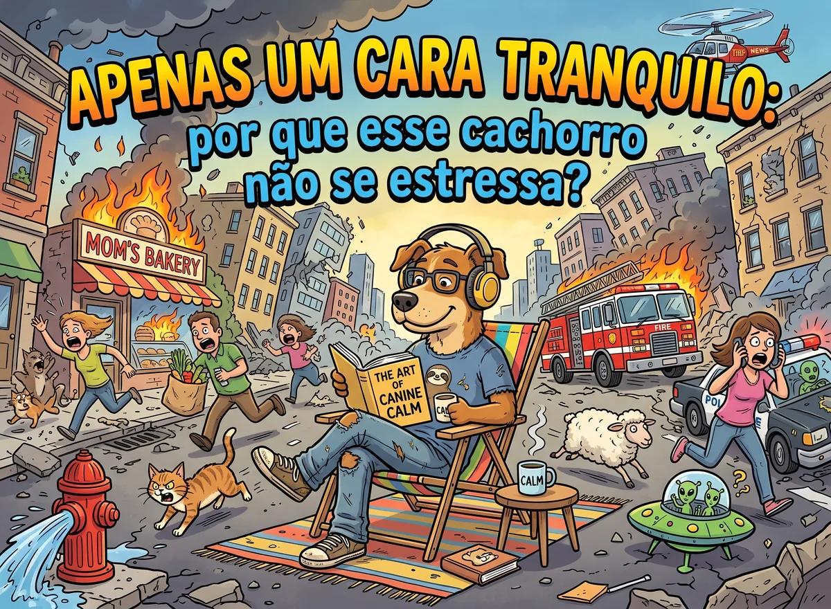 Cachorro antropomórfico vestido de forma casual permanecendo tranquilo enquanto uma situação caótica acontece ao redor