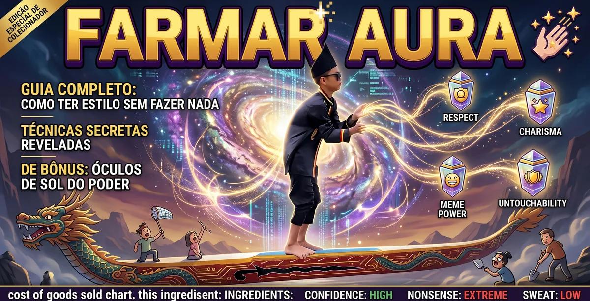 Jovem de óculos escuros fazendo uma pose extremamente confiante enquanto números imaginários de pontos de aura aparecem ao redor dele.