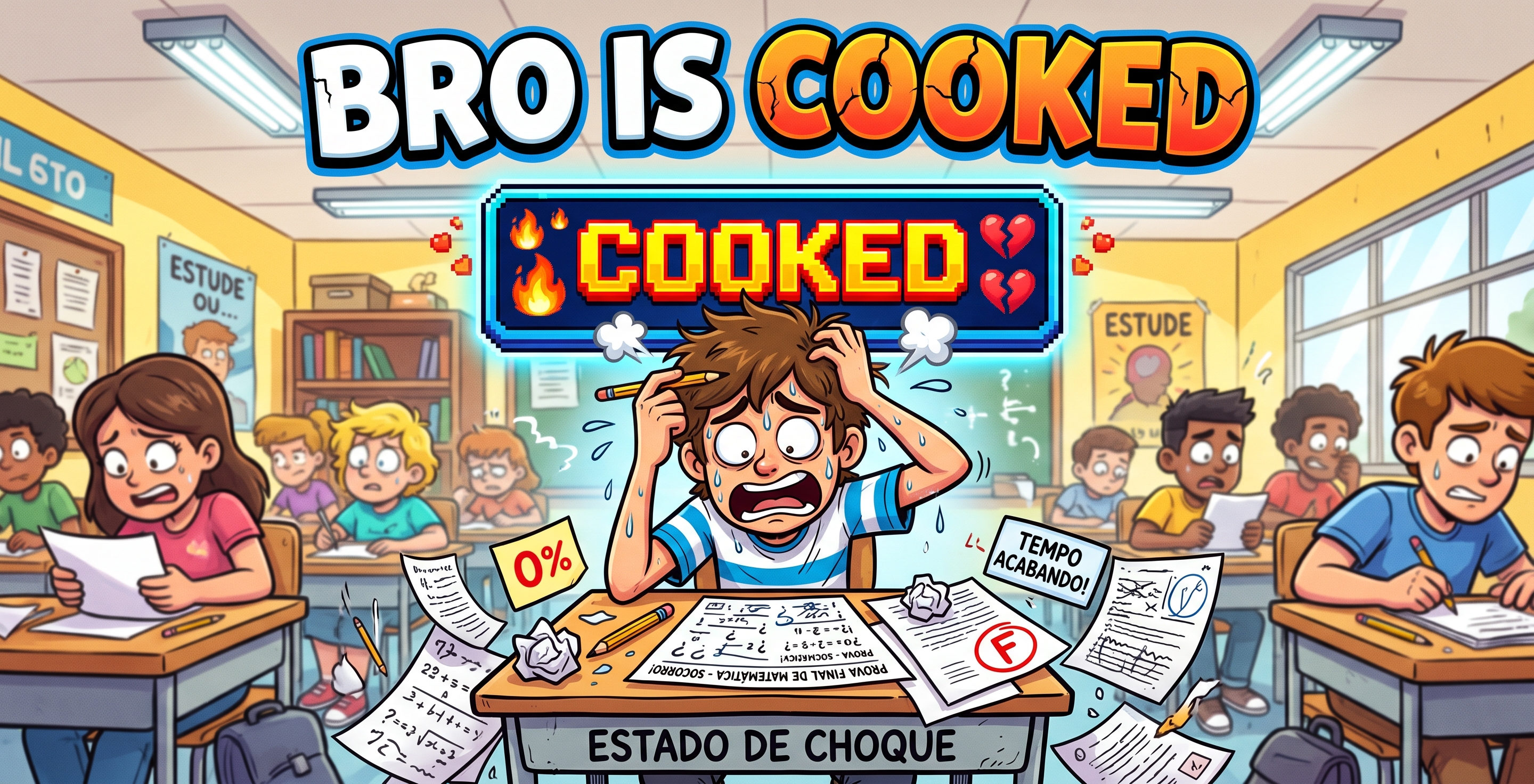 Jovem desesperado sentado diante de uma prova enquanto uma placa de videogame indica “COOKED”.