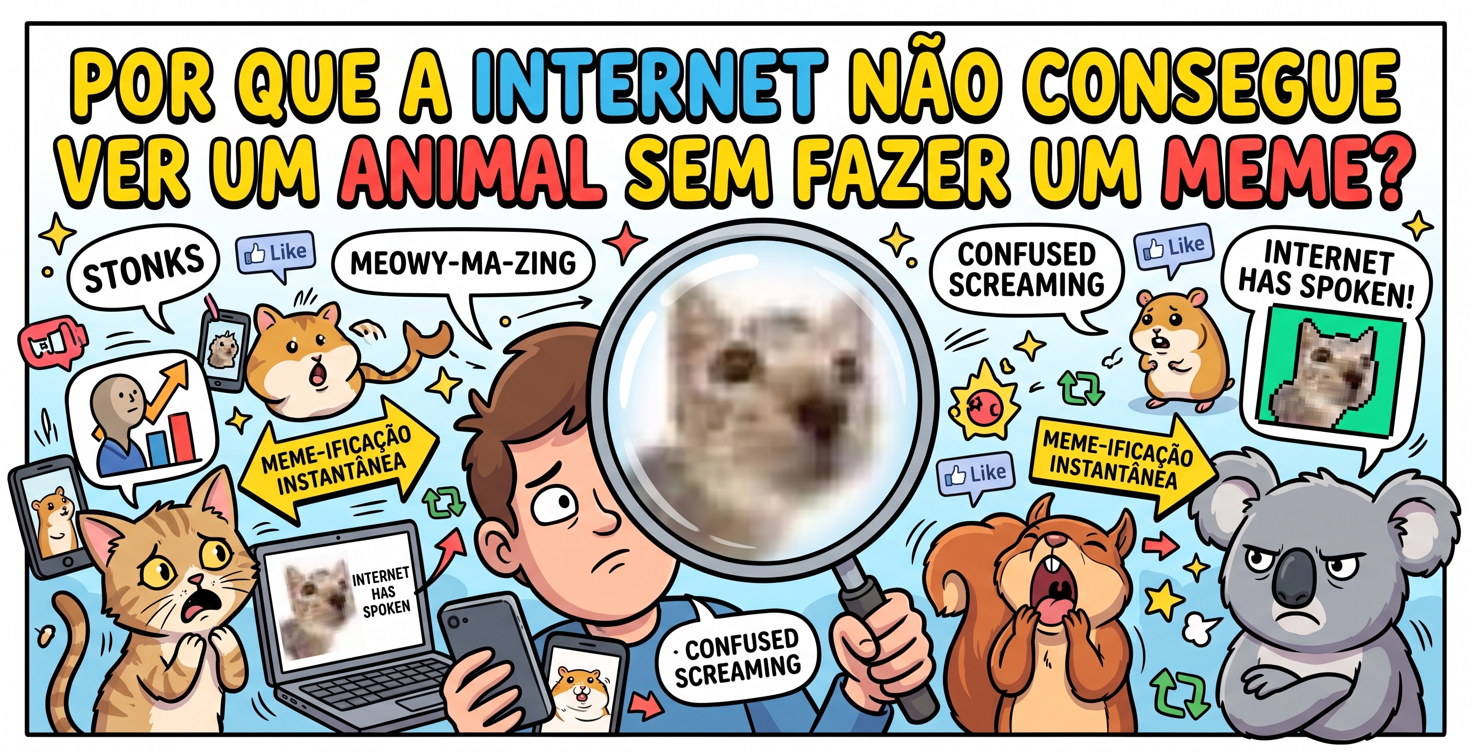 Gato com expressão extremamente séria diante de uma legenda humorística, representando a transformação de animais em personagens de memes.