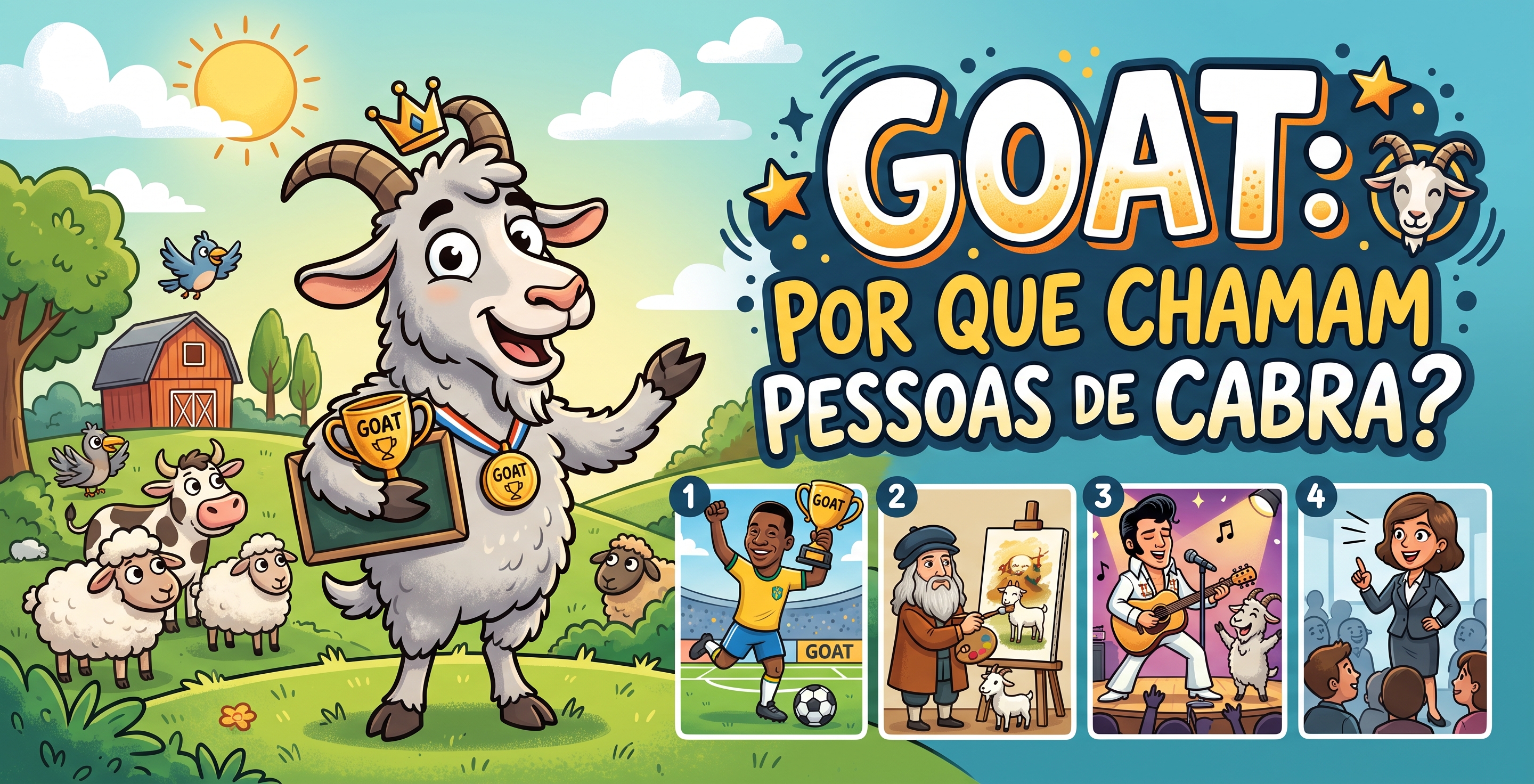Ilustração cartoon com uma cabra premiada na fazenda e o texto: "GOAT: POR QUE CHAMAM PESSOAS DE CABRA?", ao lado de quadros cômicos com figuras famosas.