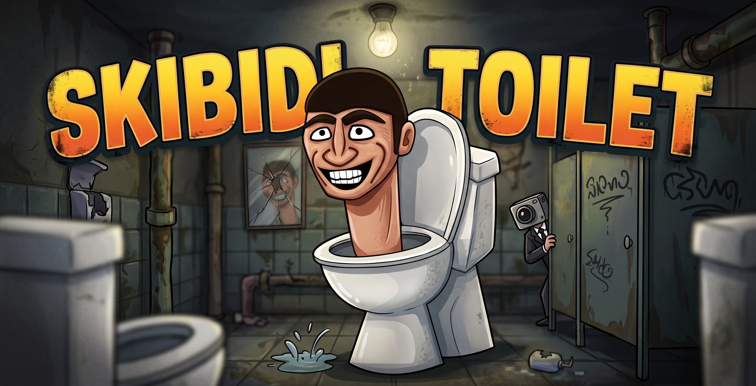 Ilustração cômica do meme Skibidi Toilet: cabeça saindo de uma privada em banheiro decadente, com o Cameraman ao fundo e o título "SKIBIDI TOILET" em destaque.