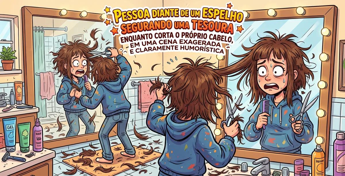 Pessoa diante de um espelho segurando uma tesoura enquanto corta o próprio cabelo, em uma cena exagerada e claramente humorística.