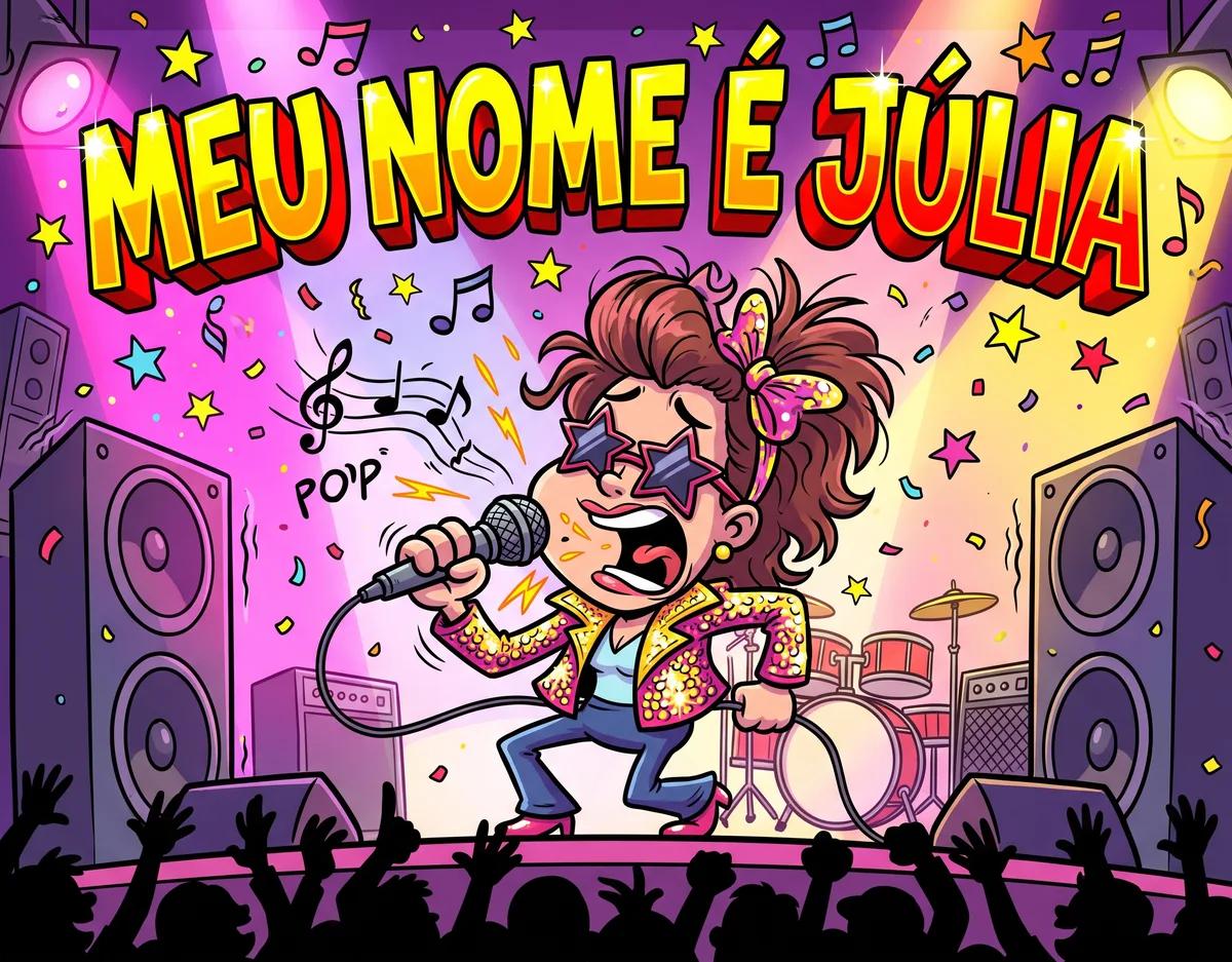 Microfone e elementos de show musical acompanhados da frase Meu Nome é Júlia em destaque