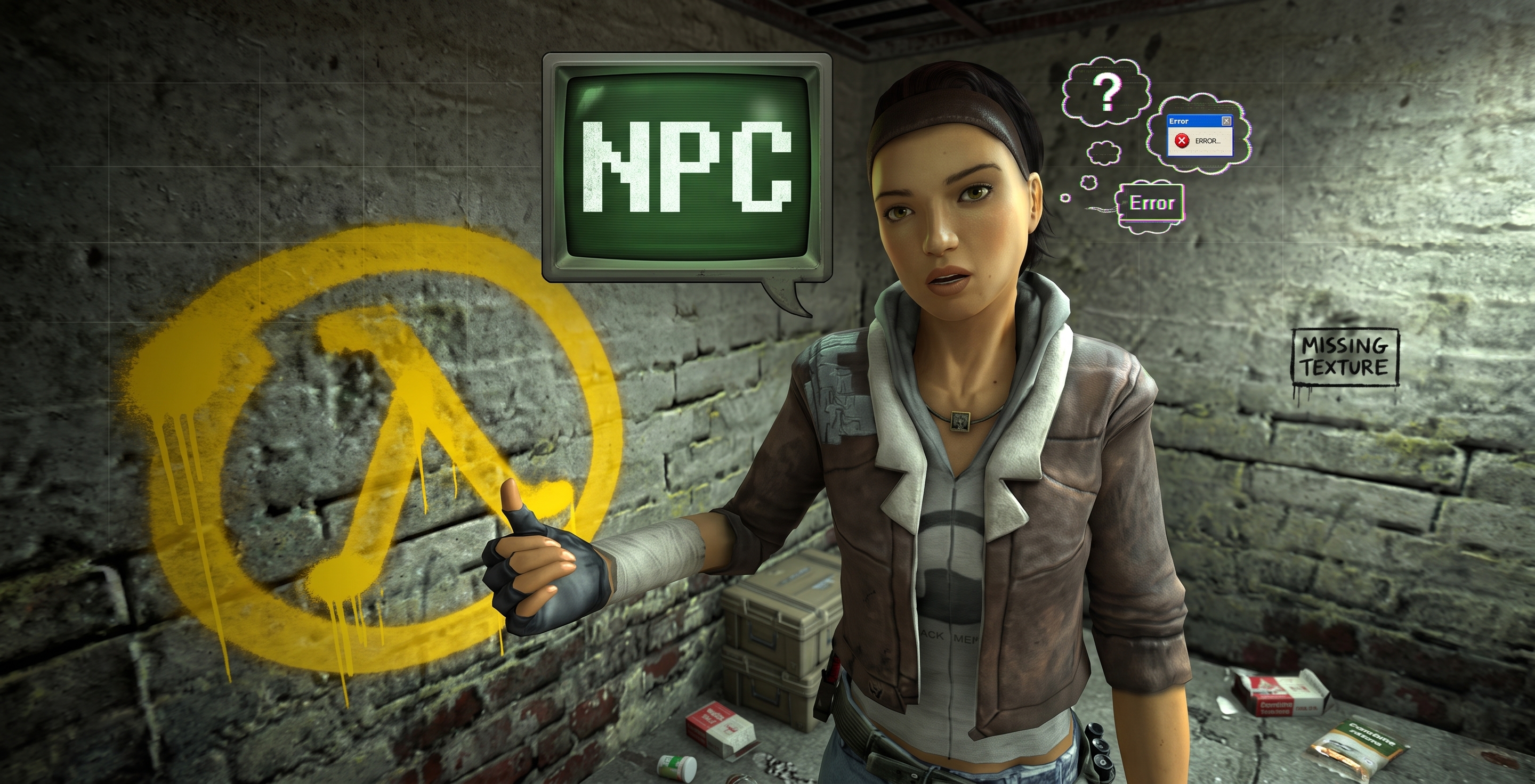 Alyx Vance (Half-Life) faz joinha perto do símbolo Lambda; há uma tela com "NPC", balões de erro e o aviso "MISSING TEXTURE" na parede.