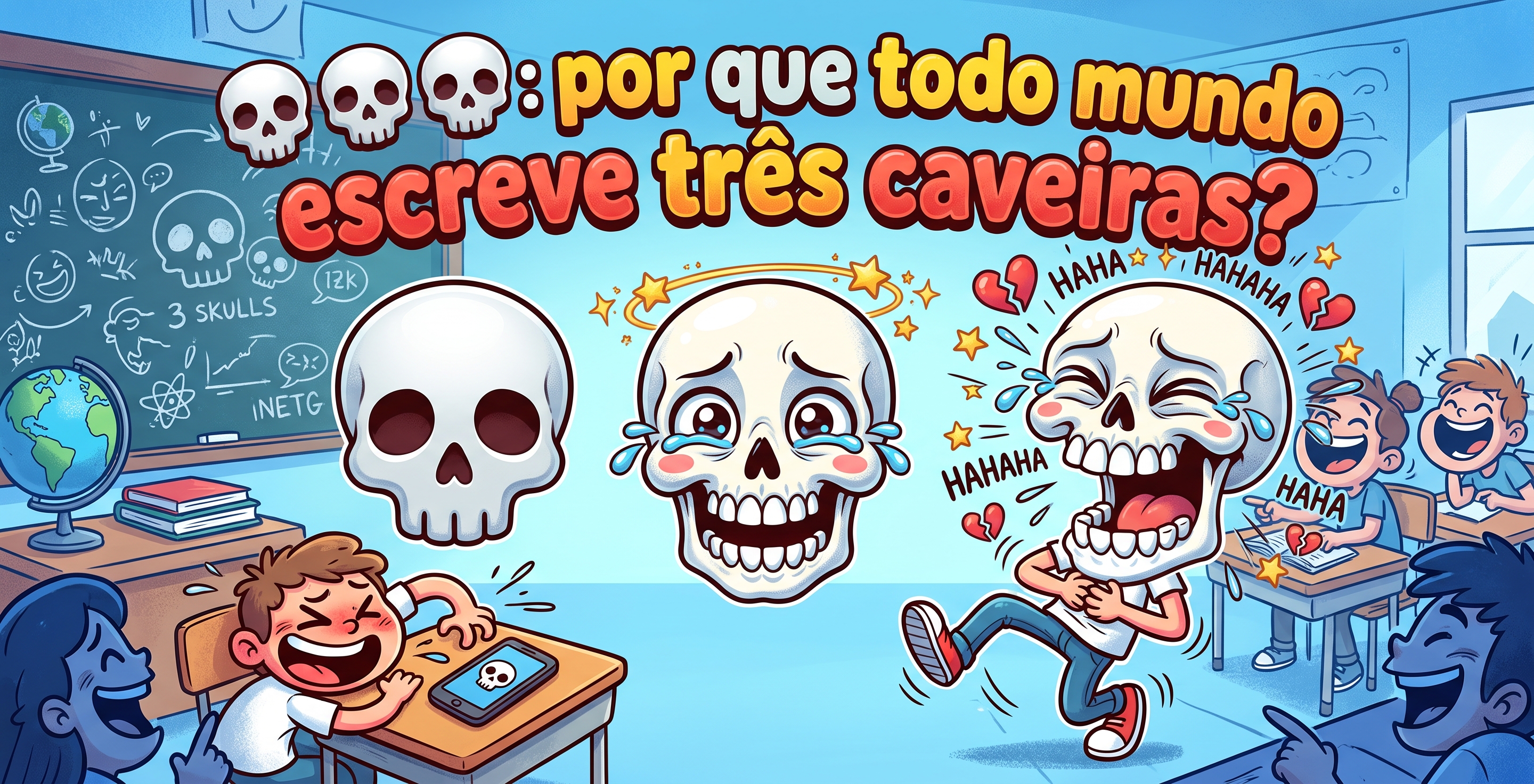 Três emojis de caveira alinhados com intensidade crescente para representar uma reação exagerada de riso.