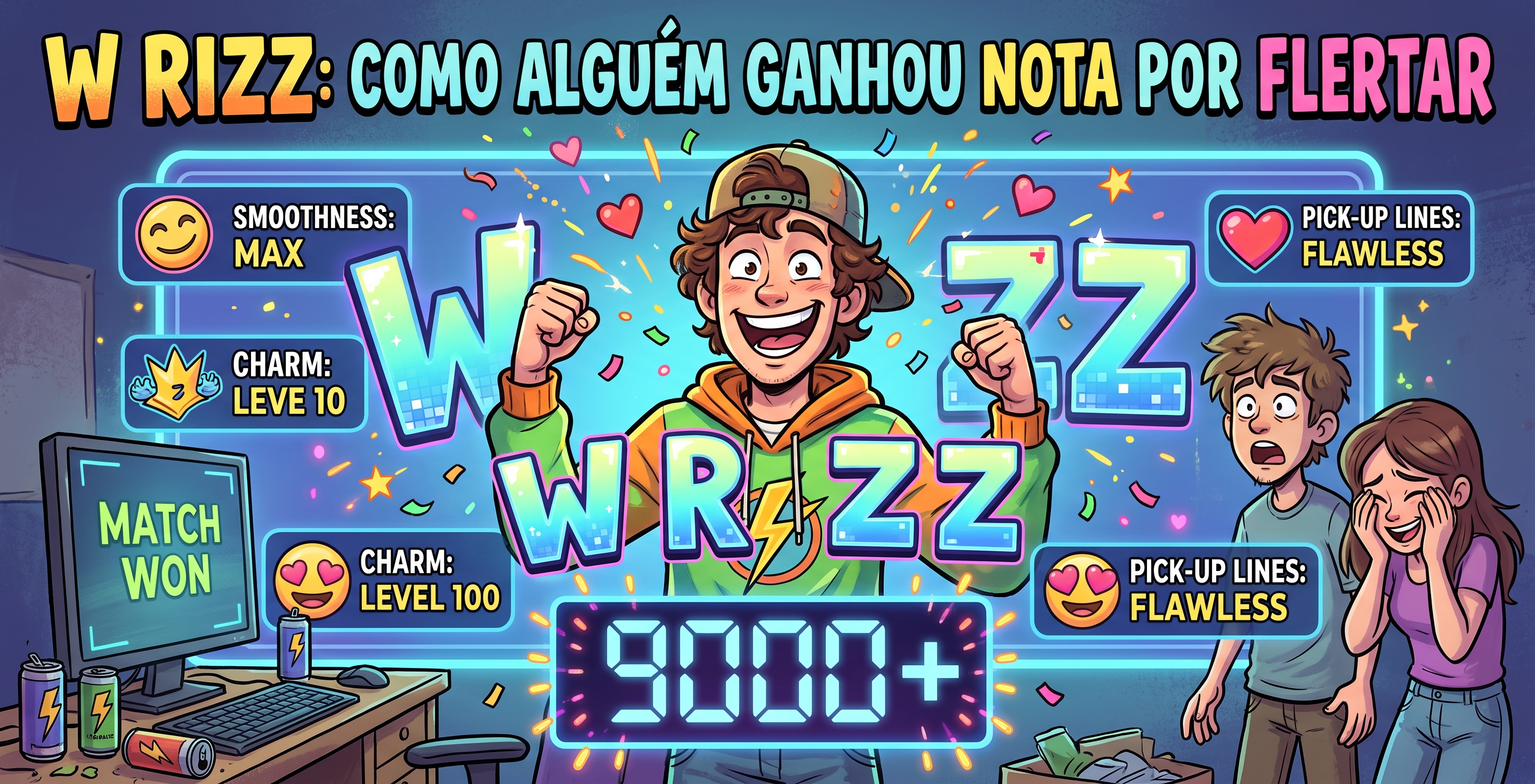 Jovem recebendo uma pontuação de “W RIZZ” como se tivesse acabado de vencer uma partida de videogame.