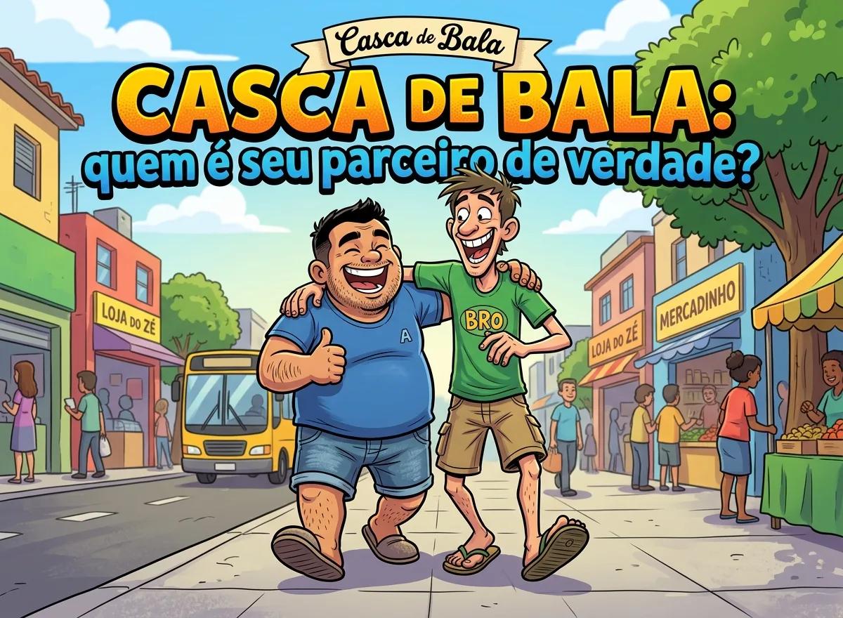 Dois amigos lado a lado representados como parceiros inseparáveis, com a expressão Casca de Bala em destaque
