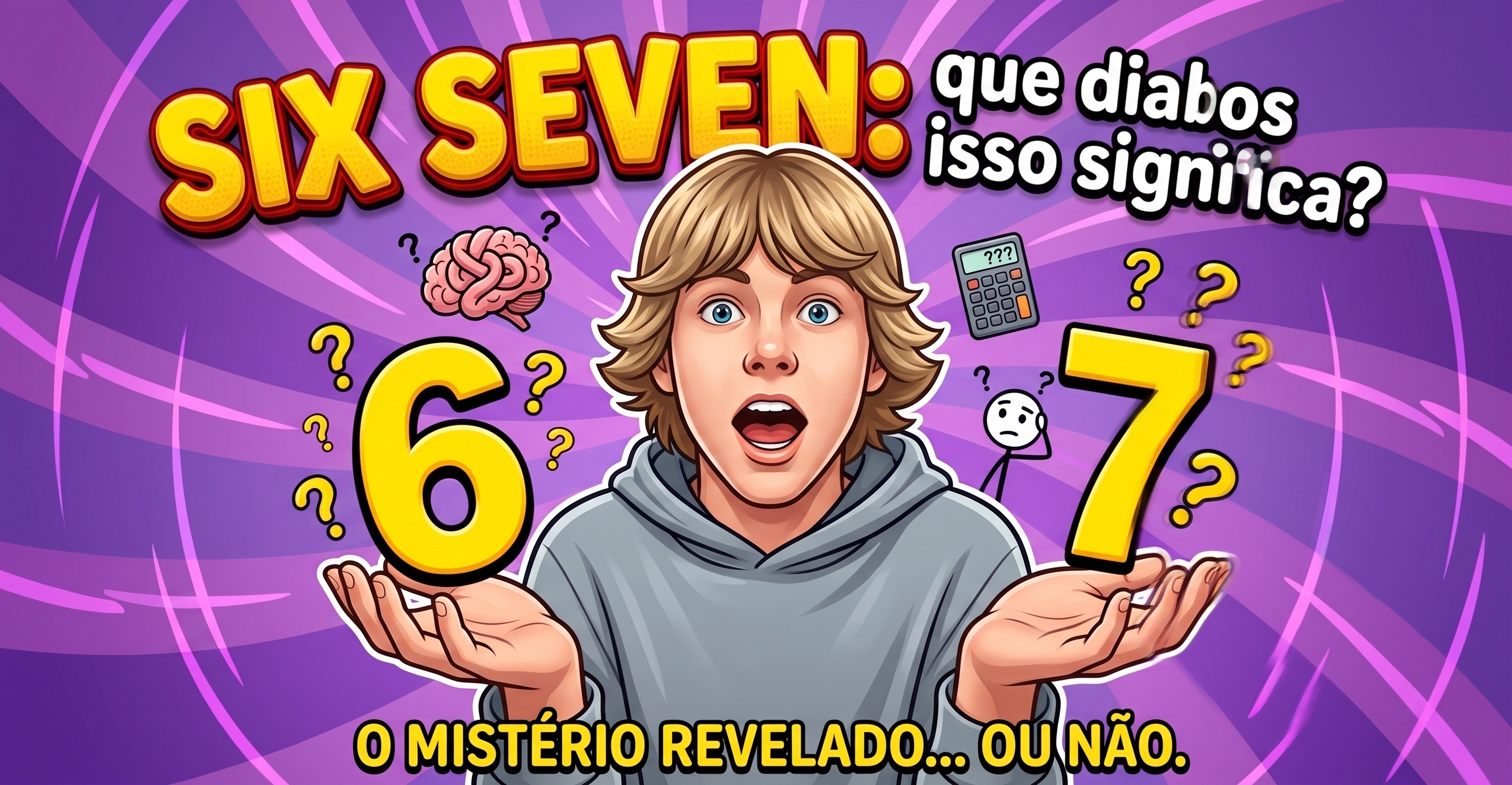 Adulto confuso diante dos números 6 e 7 enquanto um jovem faz o gesto associado ao meme “six-seven”, com uma quadra de basquete ao fundo.