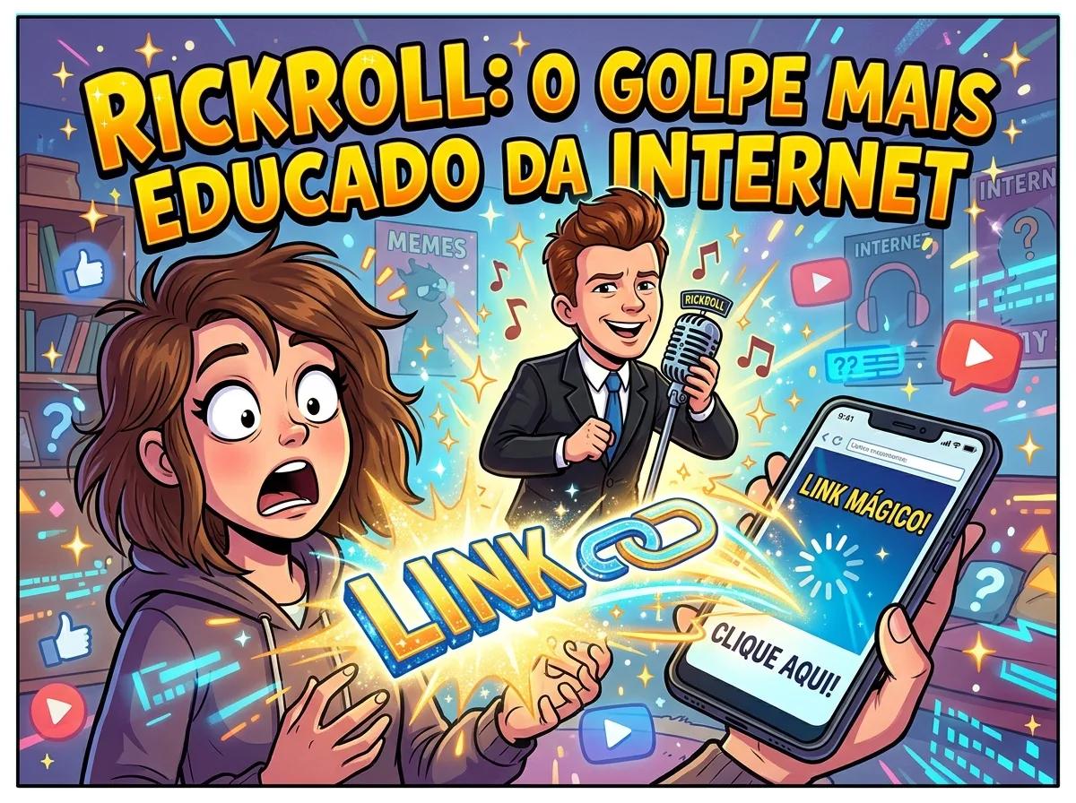 Cantor cartunesco surgindo de dentro de um link brilhante enquanto uma pessoa surpresa segura o celular