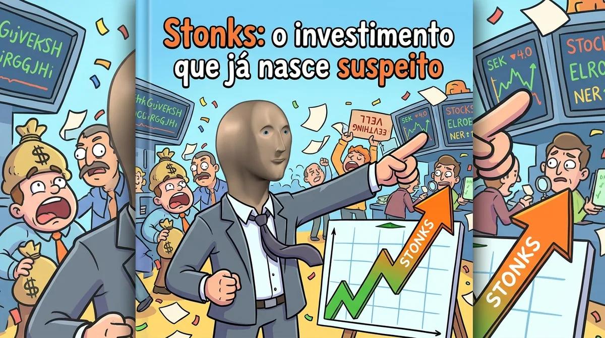 Personagem humanoide de cabeça lisa em terno apontando para um gráfico de alta enquanto segura uma calculadora