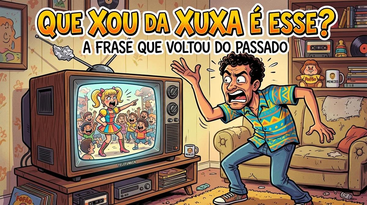 Pessoa fazendo expressão de indignação diante de uma televisão antiga enquanto aparece a frase Que Xou da Xuxa é esse