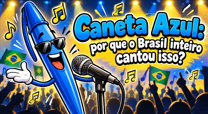 Ilustração de uma caneta azul ao lado de um microfone, cercada por notas musicais.