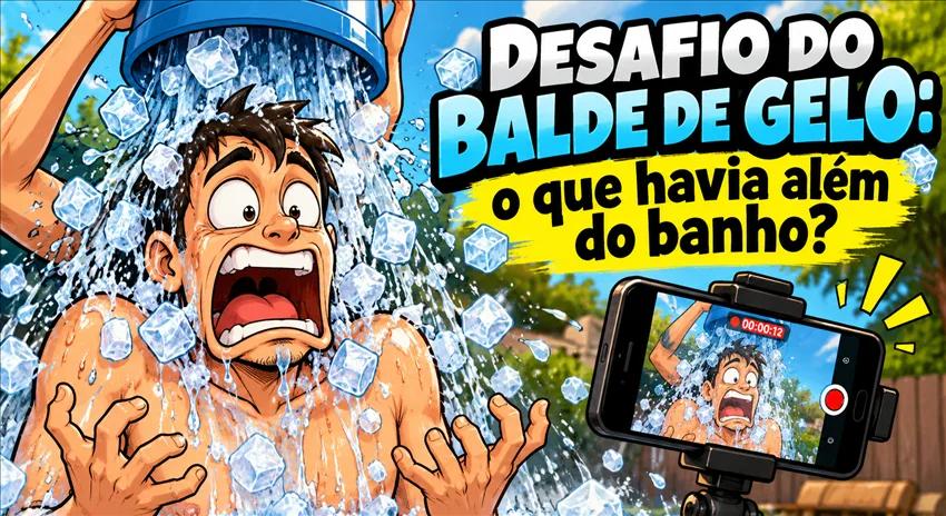 Ilustração de uma pessoa reagindo a um banho de água com gelo, ao lado de um celular que registra a cena.