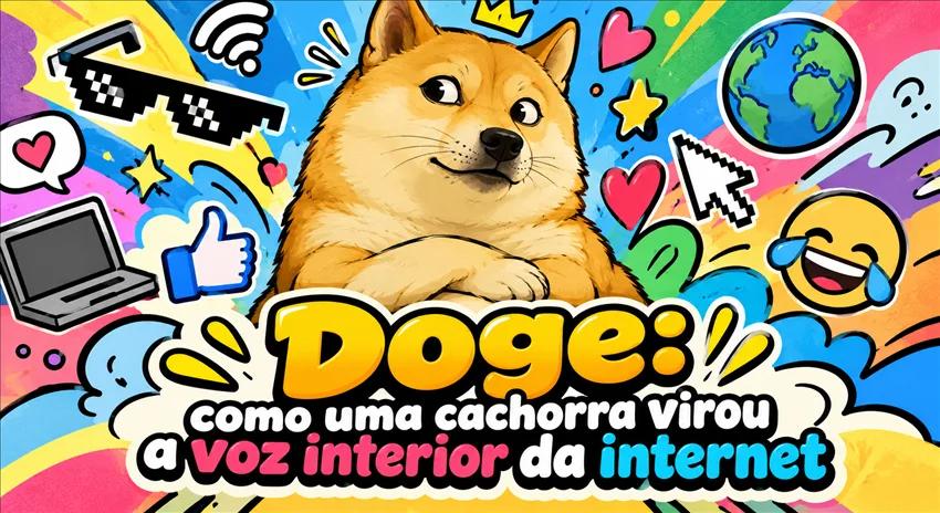 Ilustração de uma cachorra Shiba Inu com patas cruzadas e olhar de lado, cercada por palavras coloridas.