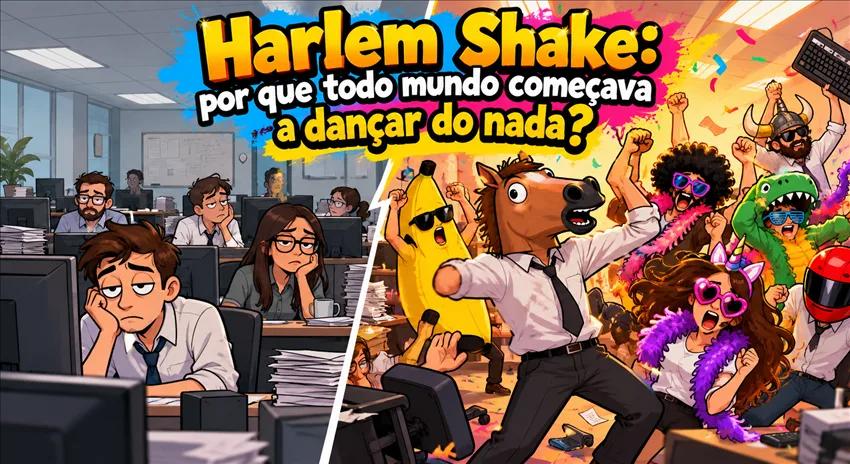 Cena dividida entre um escritório quase parado e o mesmo grupo dançando com acessórios divertidos.