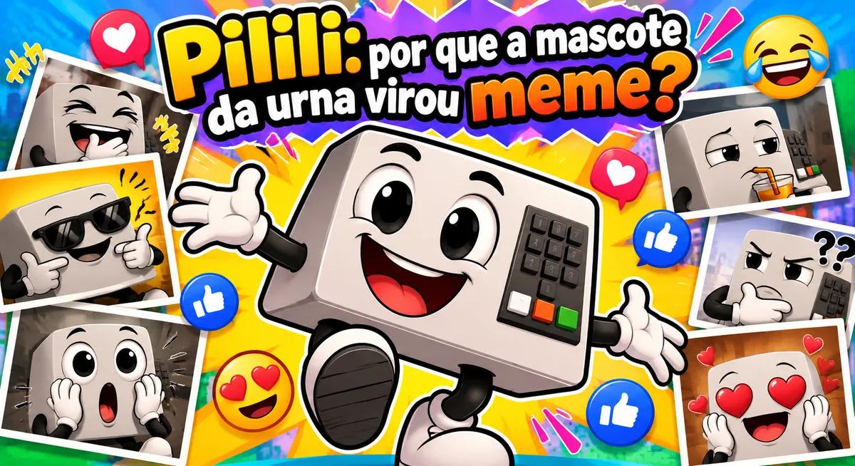 Ilustração da mascote Pilili em destaque, cercada por cartões de memes e balões de reação, sobre fundo colorido.