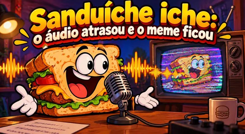 Ilustração de um sanduíche diante de um microfone, com ondas sonoras repetidas e uma televisão antiga ao fundo.