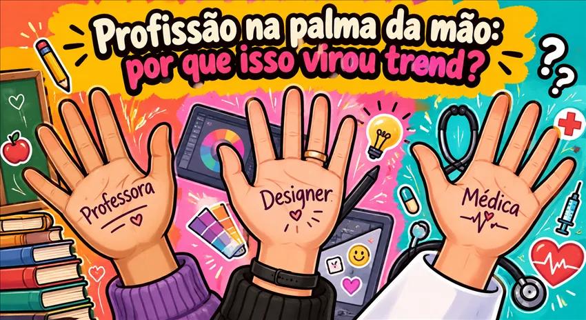 Ilustração de três mãos abertas com as profissões professora, designer e médica escritas nas palmas.